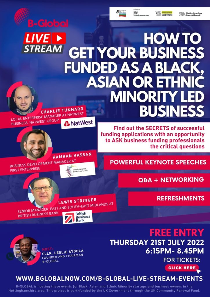 LIVESTREAM EVENT - B-Global - How to  Get Your Business Funded As A Black, Asian or Ethnic Minority Led Business B-Global
